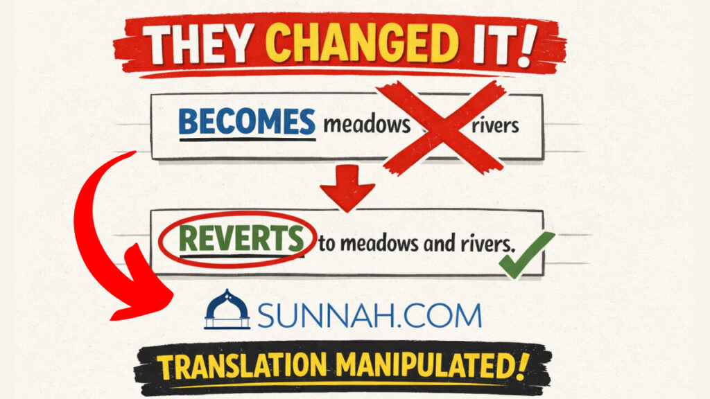 Sunnah.com translation change exposed: "BECOMES" crossed out and replaced with "REVERTS" in the Green Arabia hadith from Sahih Muslim 157b, labeled "THEY CHANGED IT!" and "TRANSLATION MANIPULATED!"